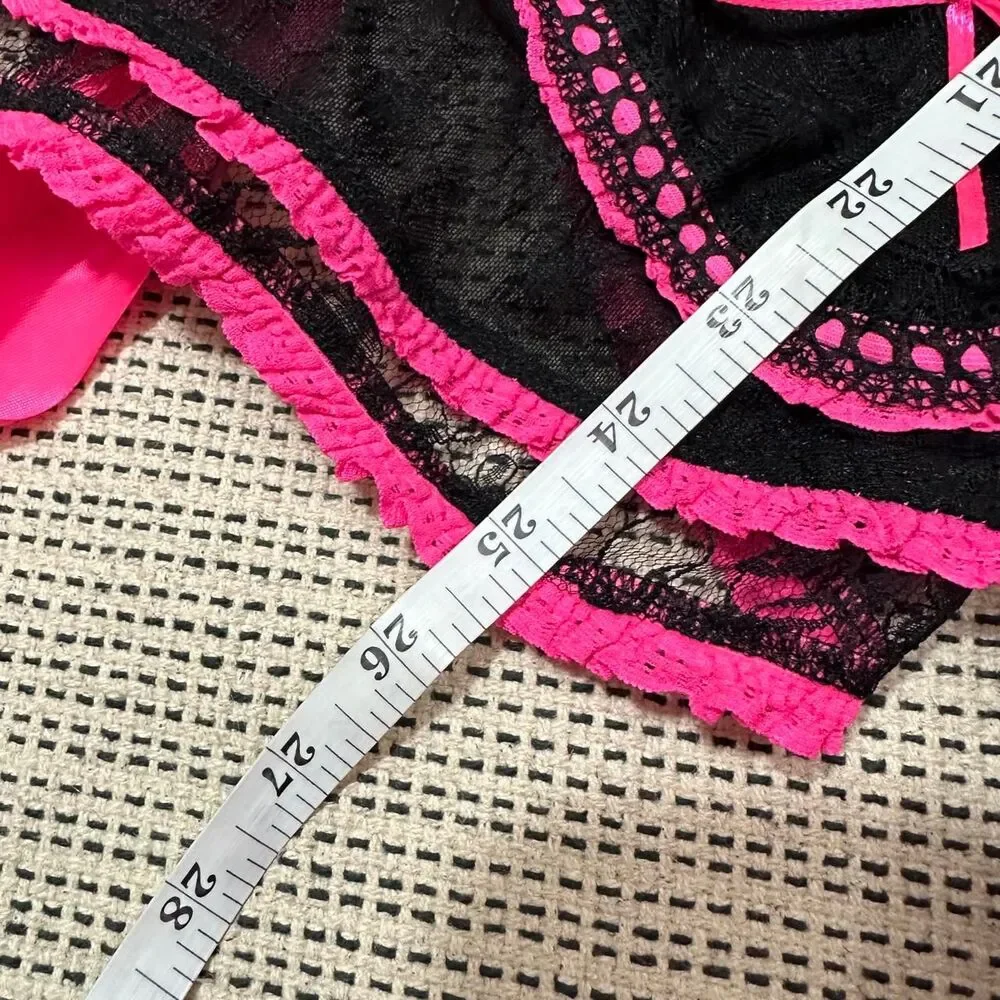Y2K Black Hot Pink Ruffle Lace Bustier Maid Lingerie